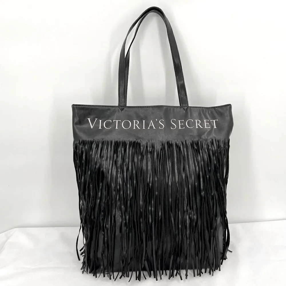 Victorias Secret Boho Fringe Limited Edition Black Faux Leather Large Tote Bag